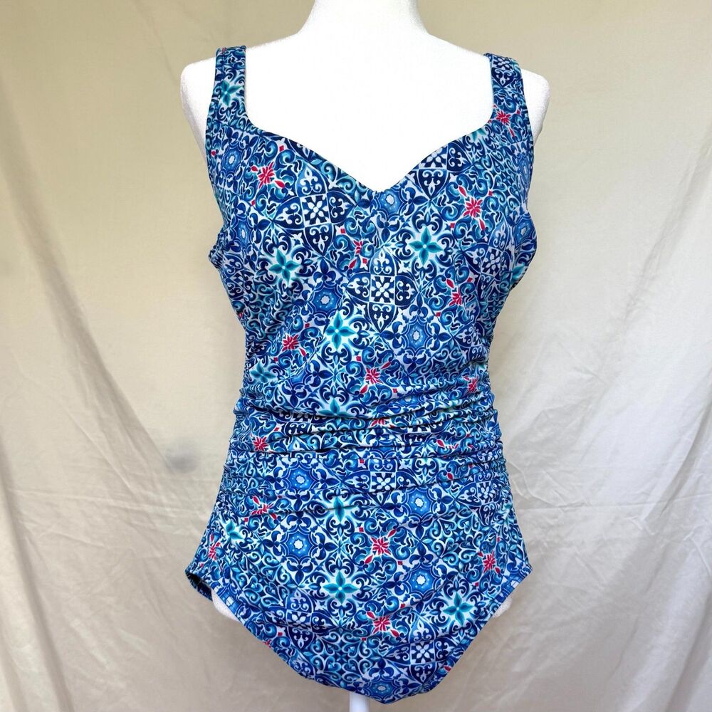 Miraclesuit one piece swimsuit womens 14 blue ruched tile print resortwear pool